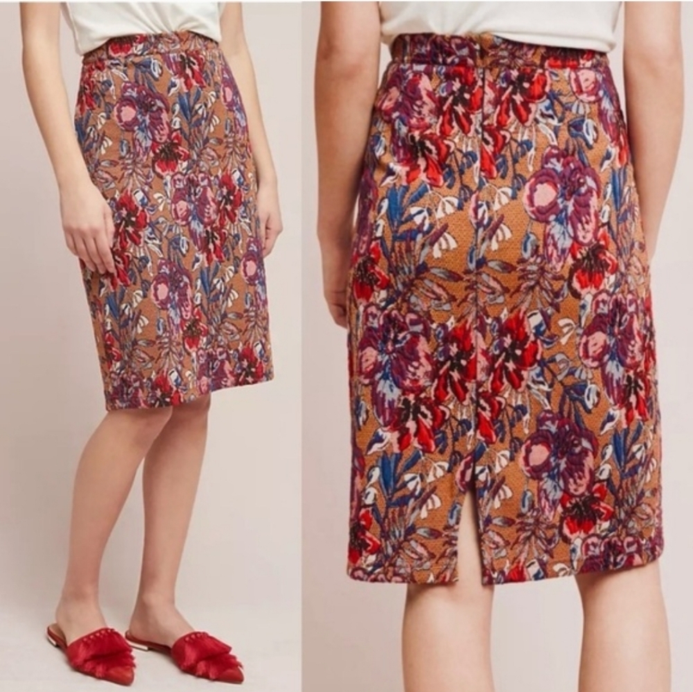 Maeve Floral Pencil Skirt in Tan with Red, Purple & Blue Accents